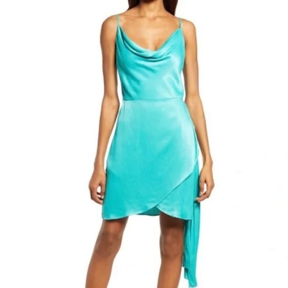 Saylor Satin Cowel Neck Mini Cocktail Party Dress Sash Large Mykonos